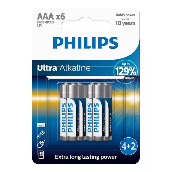 PHILIPS LR03E6BP/10, AAA LR03 1.5V, 6τμχ Ultra αλκαλικές μπαταρίες 