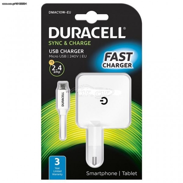 Duracell με Έξοδο USB 2.4Α & Καλώδιο Micro USB 1m Λευκό